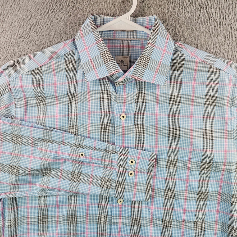 Peter Millar Mens Medium Blue Pink Plaid Cotton Long Sleeve Button Down Shirt